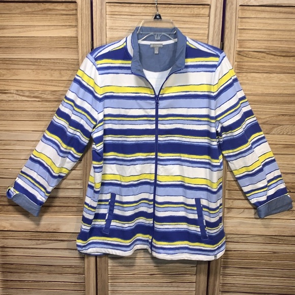 T by Talbots Zip Up Jacket Blue Yellow Blue With Cuffs 1X - Picture 1 of 11